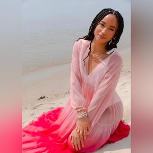 Anthropologie Womens Maxi Duster One Size Tiered Sheer Ombre Pink NIP
